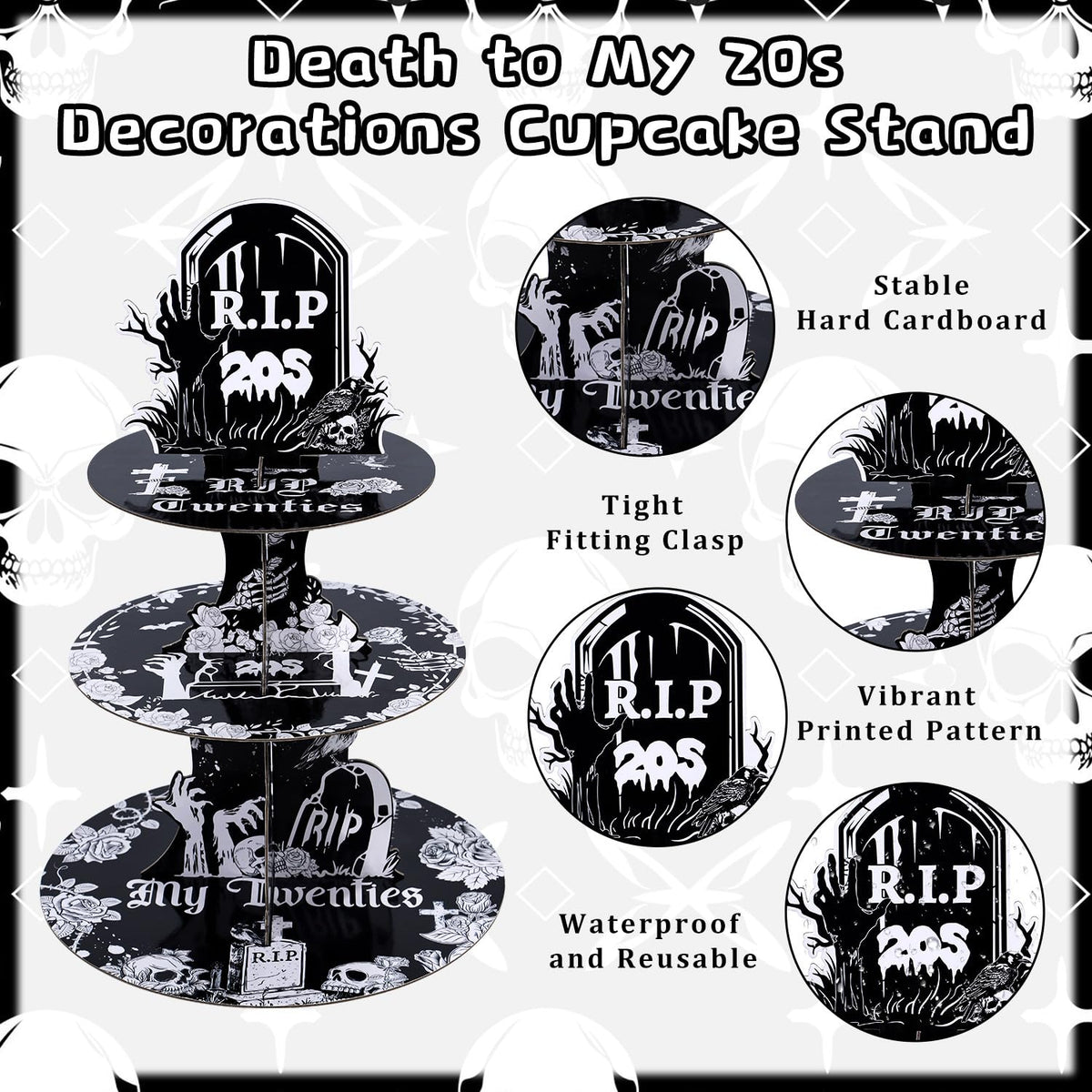 Keluna Death to My 20s Decorations - Party Supplies Rip to My 20s Birthday Decorations Reusable 3 Tier Cupcake Stand Dessert Tower Holder for Rip 20 Birthday Decorations