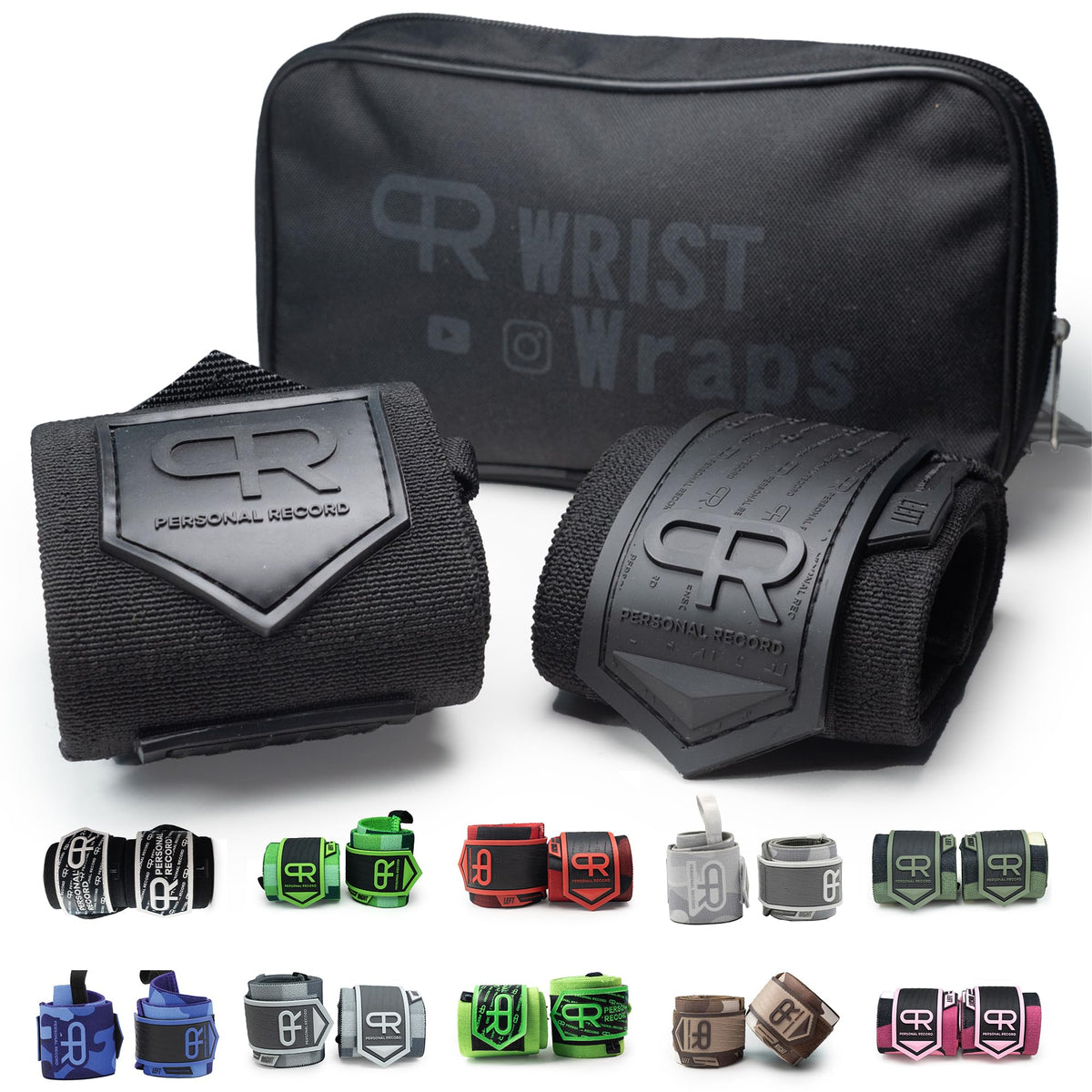 PR Personal Record Heavy Duty Premium Wrist Wraps, More Elasticity, Reinforced Stitching, Extra Wide Strap, Strong Thumb Loop, Larry Wheels Weightlifting Wraps, Lifting Wrist Wraps - All Black