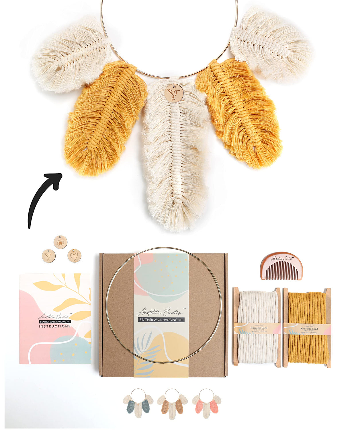 DIY Macrame Kit, Feather Dream Catcher Wall Hanging Kits for Teens & Adult Beginners, Craft Supplies for Boho Art Project-Macrame Cord, Gold Hoop, Accessories & Instructions (Sundial)