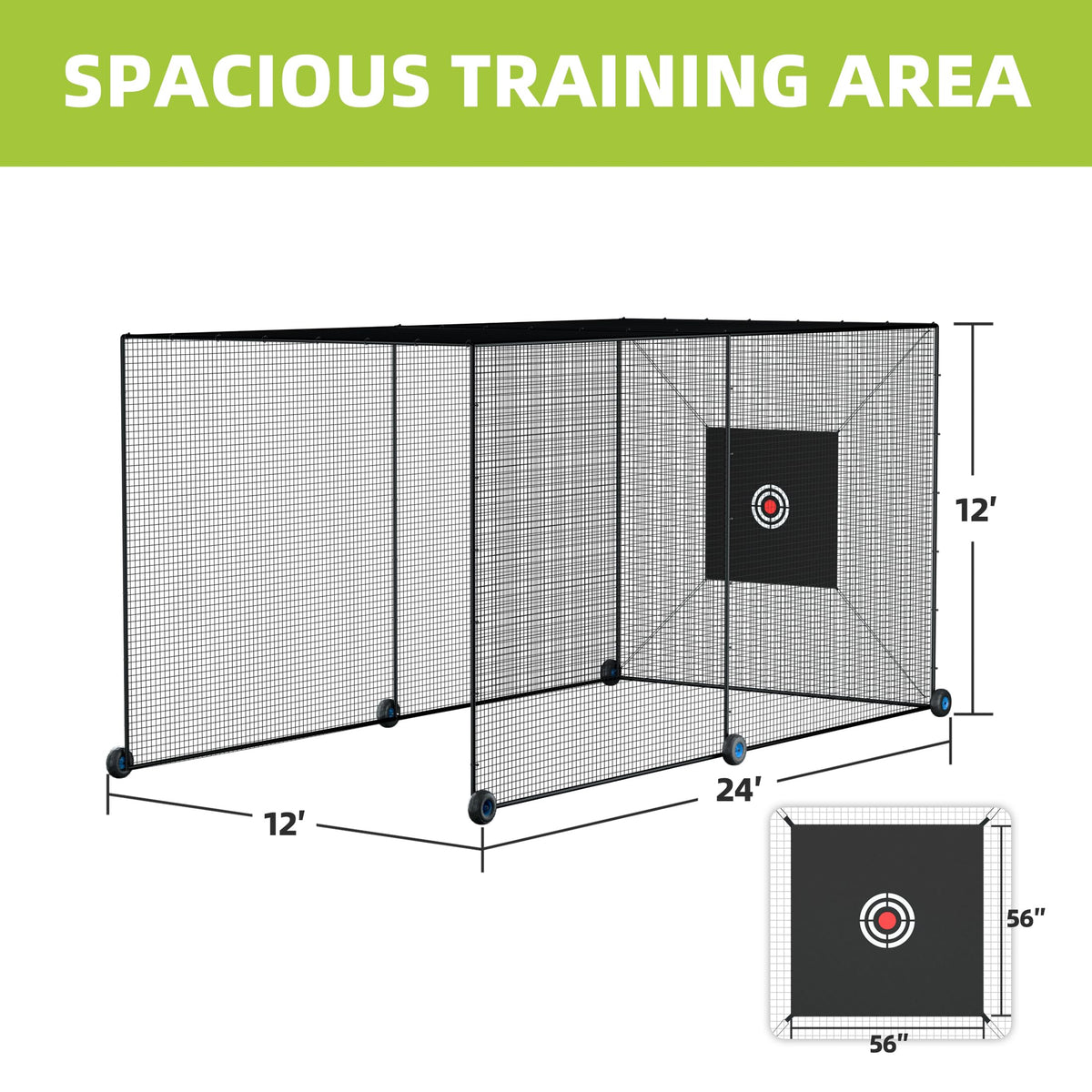 MR Mobile Baseball Batting Cage 24ft, Portable Heavy-Duty Baseball Hitting Cage w/Wheels, Wheel-Based Softball Batting Cage, Fully Enclosed Batting Cage Tunnel Complete Kit w/Frame and Netting