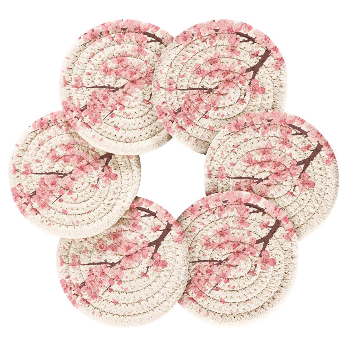 FENOCHE Pink Cherry Blossom Coasters Set of 6 Absorbent Drink Coaster with Holder for Cup Coffee Table Home Decor 3.94 Inch