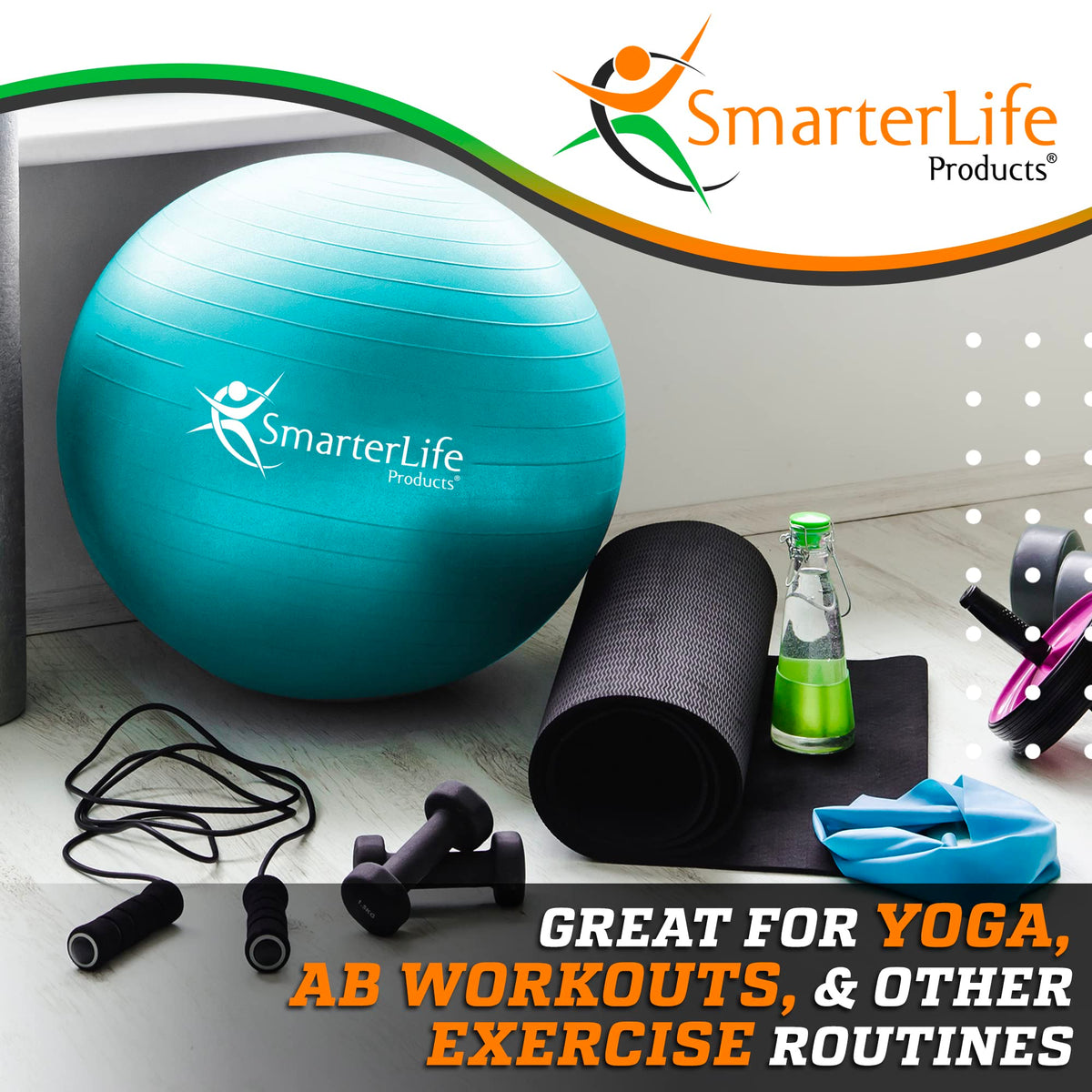 SmarterLife Exercise Ball Yoga Ball for Fitness, Balance, Stability, or Pregnancy, Gym Ball for Core Workout, Physical Therapy, Yoga Ball Chair for Office, Anti-Slip Anti-Burst (45cm, Turquoise)