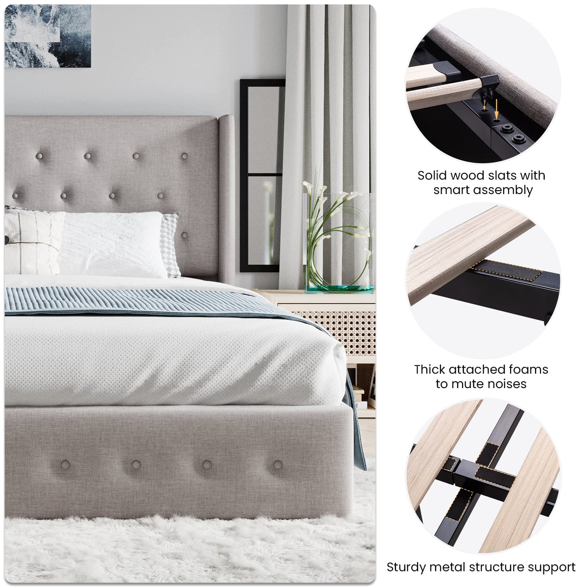 SHA CERLIN King Size Lift Up Storage Bed Frame,Button Tufted Wingback Headboard,Upholstered Platform,Hydraulic Storage,Wooden Slat Support,No Box Spring,Light Beige
