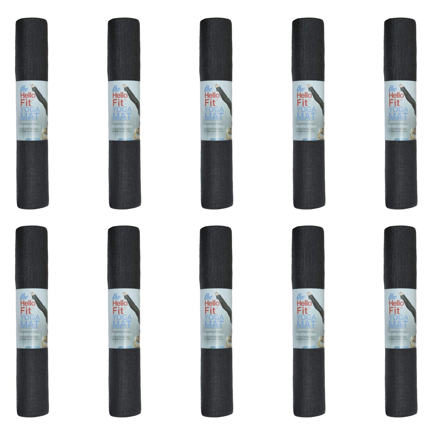 Hello Fit 10-Pack Yoga Mat, 68" x 24" Non Slip Exercise Mat, 4mm Thick Gym Mat for Fitness and Stretching, Bulk Non Toxic Yoga Mats for Schools and Studios, Black