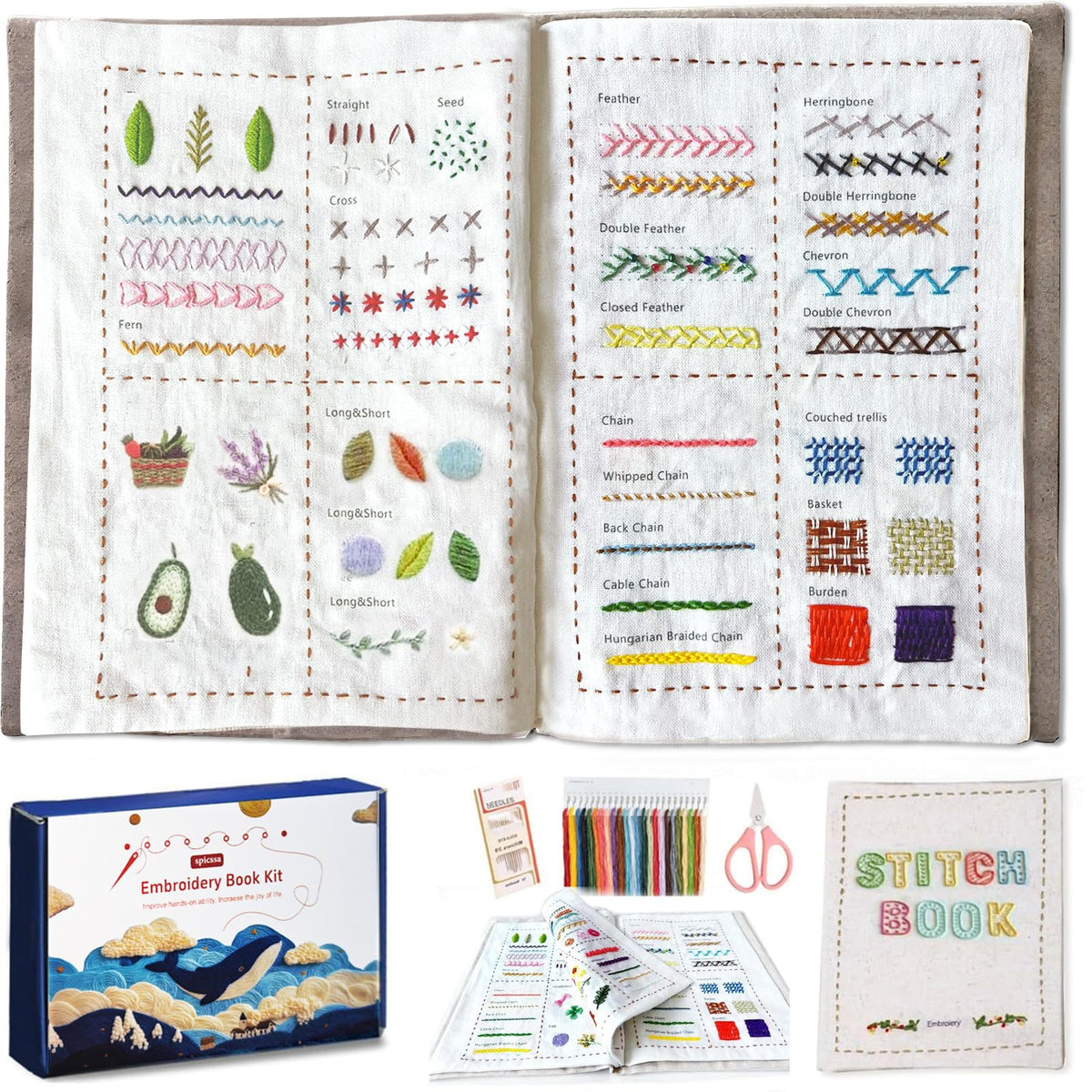 spicssa 2026 Upgraded Embroidery Stitch Book Kit, All in One Sewing Embroidery Kits, Starter Practice Patterns, Complete Tool kit and VideoTutorials, Gifts for Girlfriends, Mothers, and Craft Lovers