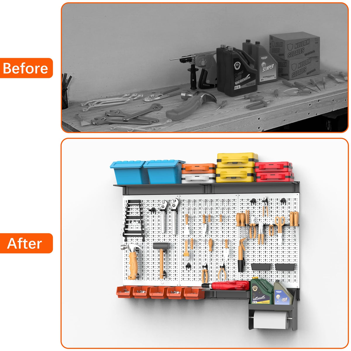 TORACK Pegboard Wall Organizer 4 ft. Garage Metal Pegboard Tool Organizer System, Tools Storage Peg Board Kit with Hooks and Accessories, Wall Mounted Storage Bins, Overhead Shelves