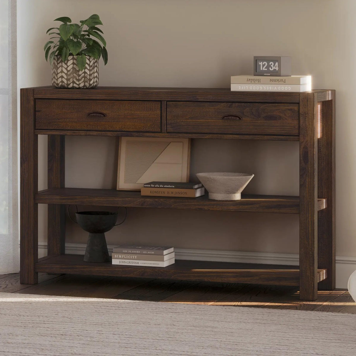 Grain Wood Furniture Montauk Console Table, Solid Wood with a Rustic Walnut Finish