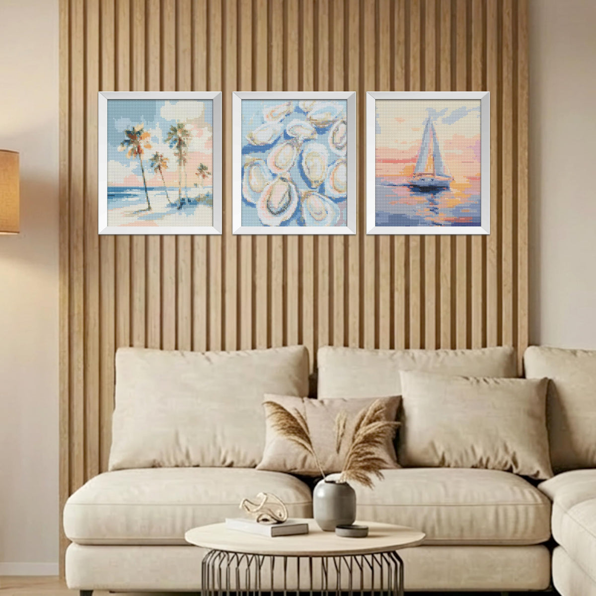 Kemingni 3 Pack Pastel Ocean Beach Diamond Painting Kit, Tropical Palm Tree Nautical Sailboat Oysters Diamond Art Kits for Adults Beginners, Full Drill Gem Painting for Home Wall Decor, 9.8x11.8 Inch