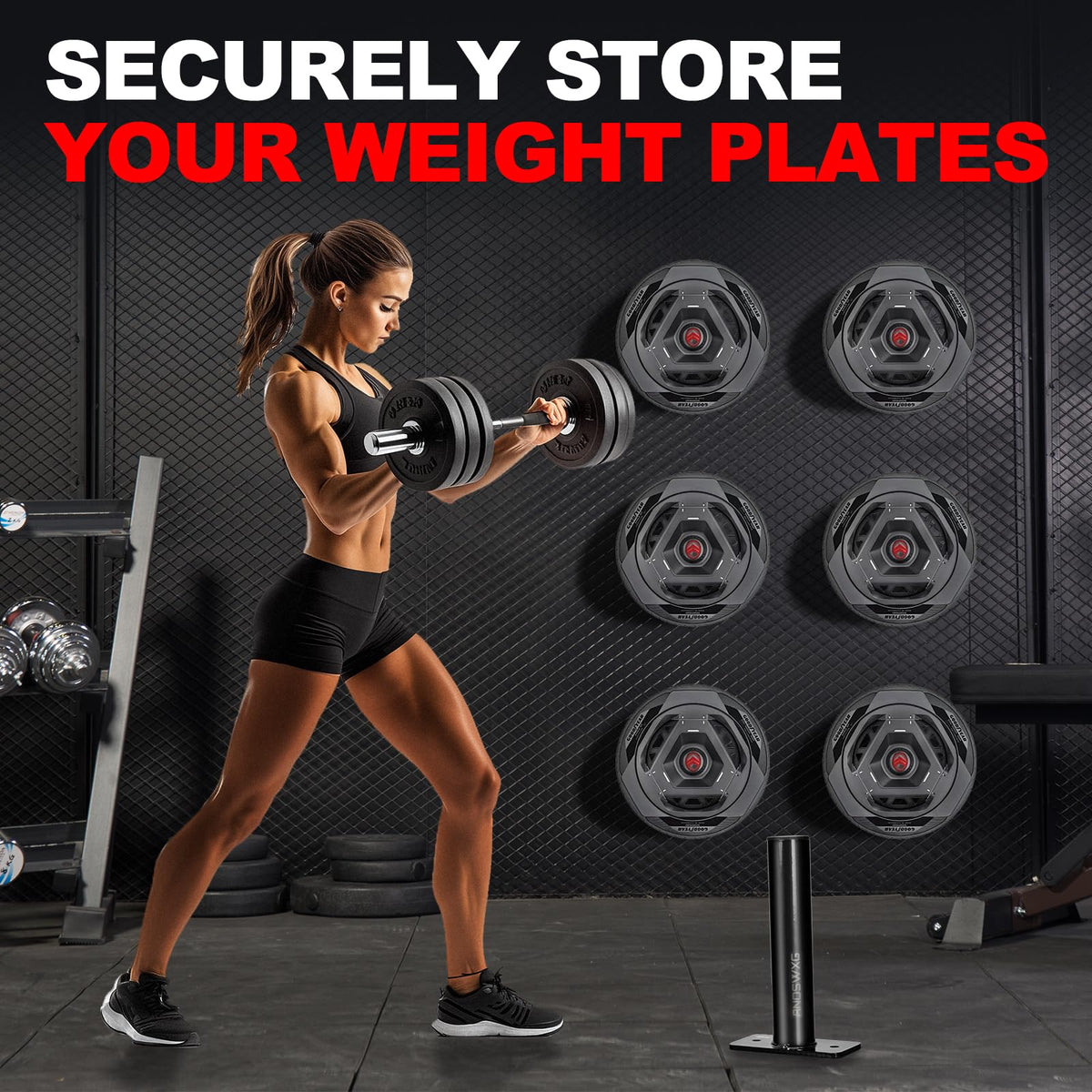 ANOSWXG Wall-Mounted Strength Training Plate Storage Rack – Heavy Duty 2” Weight Plate Holder with Foam Padding, Bumper Plate Storage for Home Gym, Garage, and Power Rack (Black-4pis)