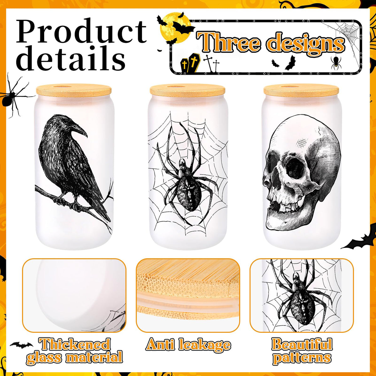 SiliFine 3 Pcs Gothic Christmas Spooky Drinking Party Glasses 16 Oz Goth Spider Web Skull Crow Iced Coffee Cups With Lid Straws Christmas Birthday White Elephant Gifts For Girls Friends
