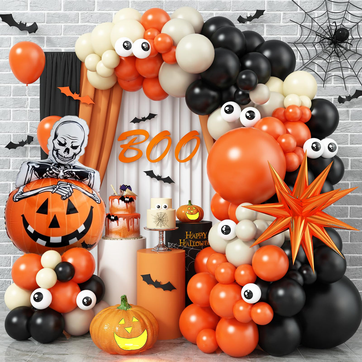 Halloween Balloon Arch Kit with Pumpkin Explosion Star Foil Balloons, Black Orange Beige Balloons Garland Kit with Eyes Balloons, halloween Party Balloons for Halloweens Home Garden Decorations