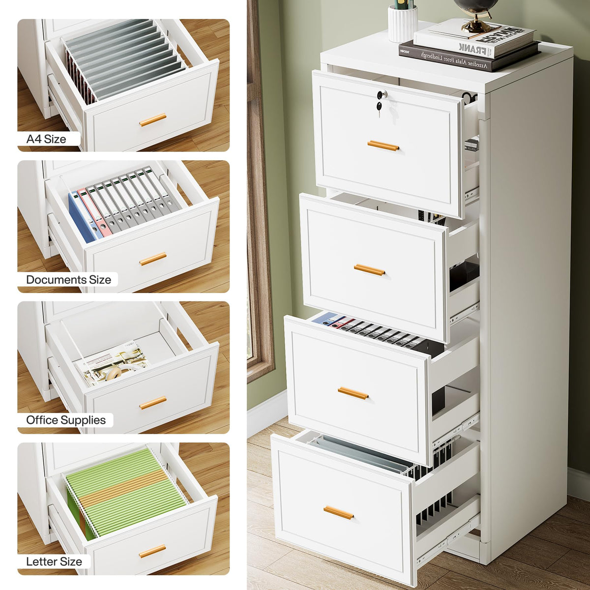 Tribesigns 4-Drawer File Cabinet with Lock, Locked File Cabinet with Key, Tall Wooden Filing Cabinets for Home Office, Vertical Office Storage for Legal Size/Letter/A4/Files, White