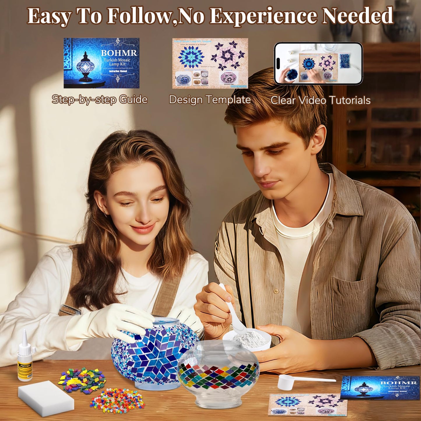 BOHMR DIY Turkish Mosaic Lamp Kit, Stained Glass Table Lamp Making Kit- Easy and Fun, No Experience Needed, Mosaic Art & Craft Project Kits for Adults & Teens, Make Your Own Table Lamp,Blue