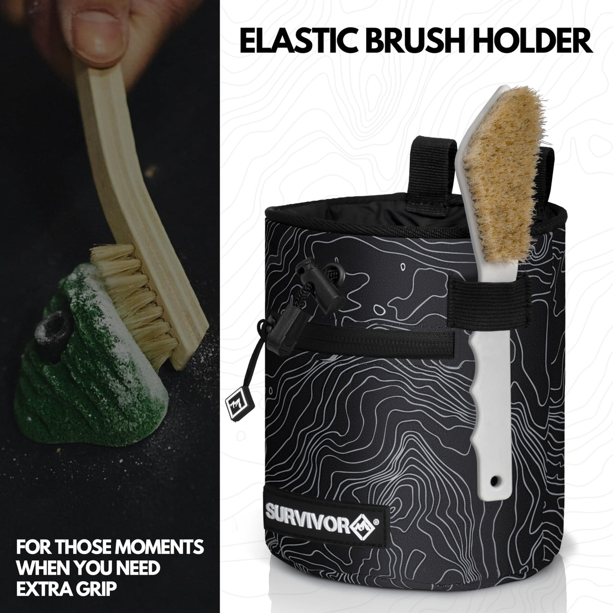 Chalk Bag + Refillable Chalk Ball - Iconic Topographical Map, Draw String Closure, 2 Zippered Pockets, & Brush Holder - Climbing Chalk Bag for Rock Climbing, Bouldering, Weightlifting, Gymnastics