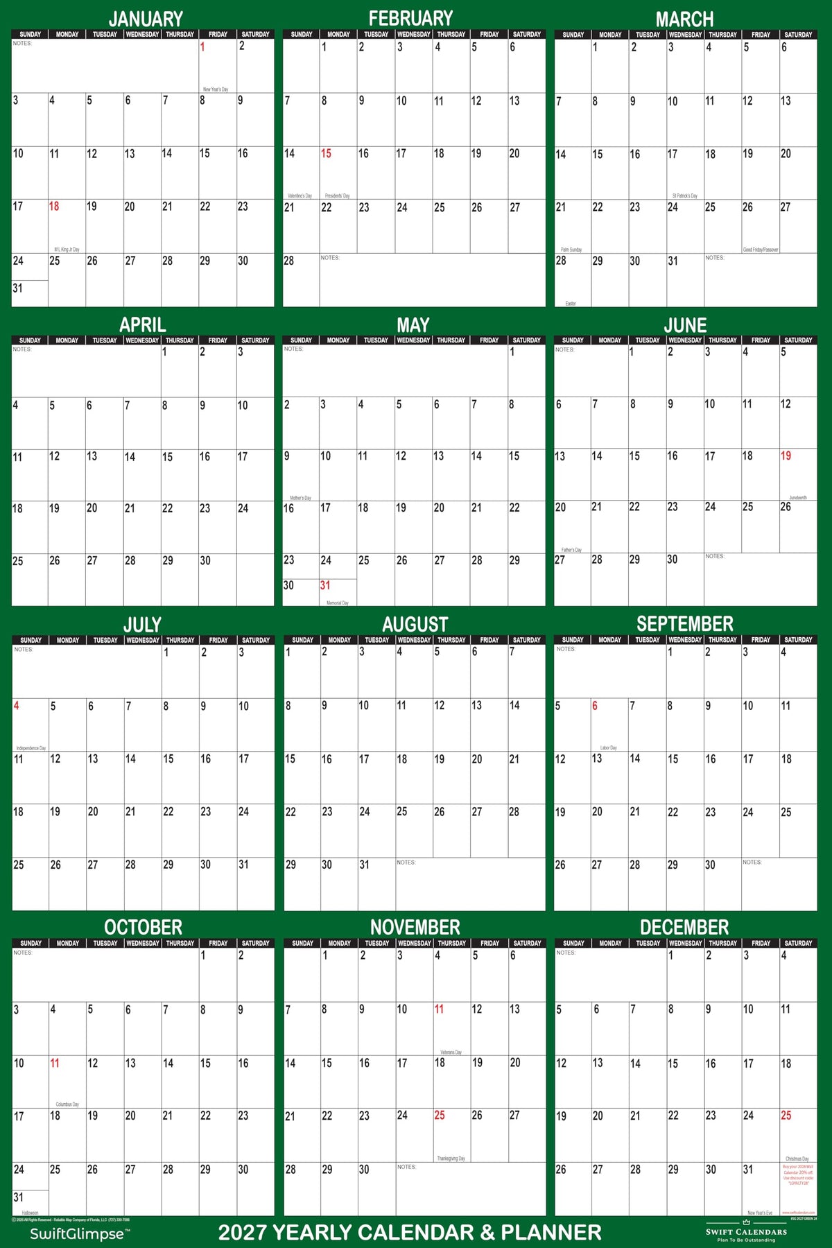 32" x 48" SwiftGlimpse 2027 Wall Calendar Erasable Large Wet & Dry Erase Laminated 12 Month Annual Yearly Wall Planner, Reversible, Horizontal/Vertical, GREEN