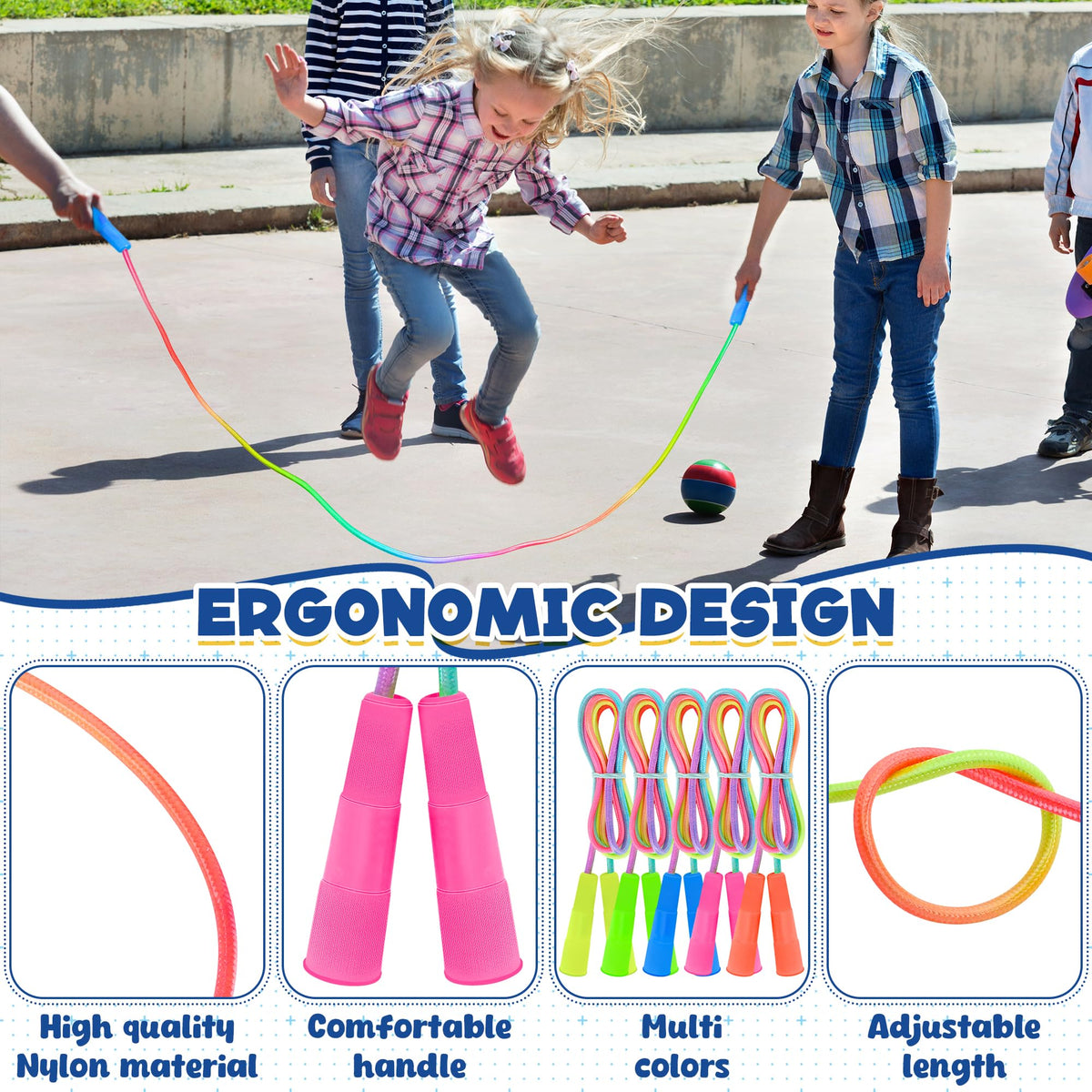 ZATAYE 6 Pack Kids Jump Rope, Colorful Gradient Nylon Skipping Ropes for Children, 7.55FT Adjustable Length, Plastic Handles, Lightweight Jumping Ropes for Schools, Events, and Family Fun