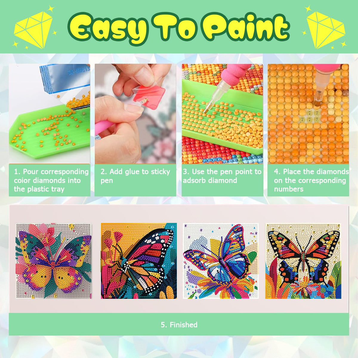 ICYANART 4 Pack Butterfly Diamond Art Painting Kits for Kids Butterfly Diamond Art Painting for Kids Ages 6-8-12 Gem Art Small for Girs for Gifts and Home Wall Decor 7x7inch