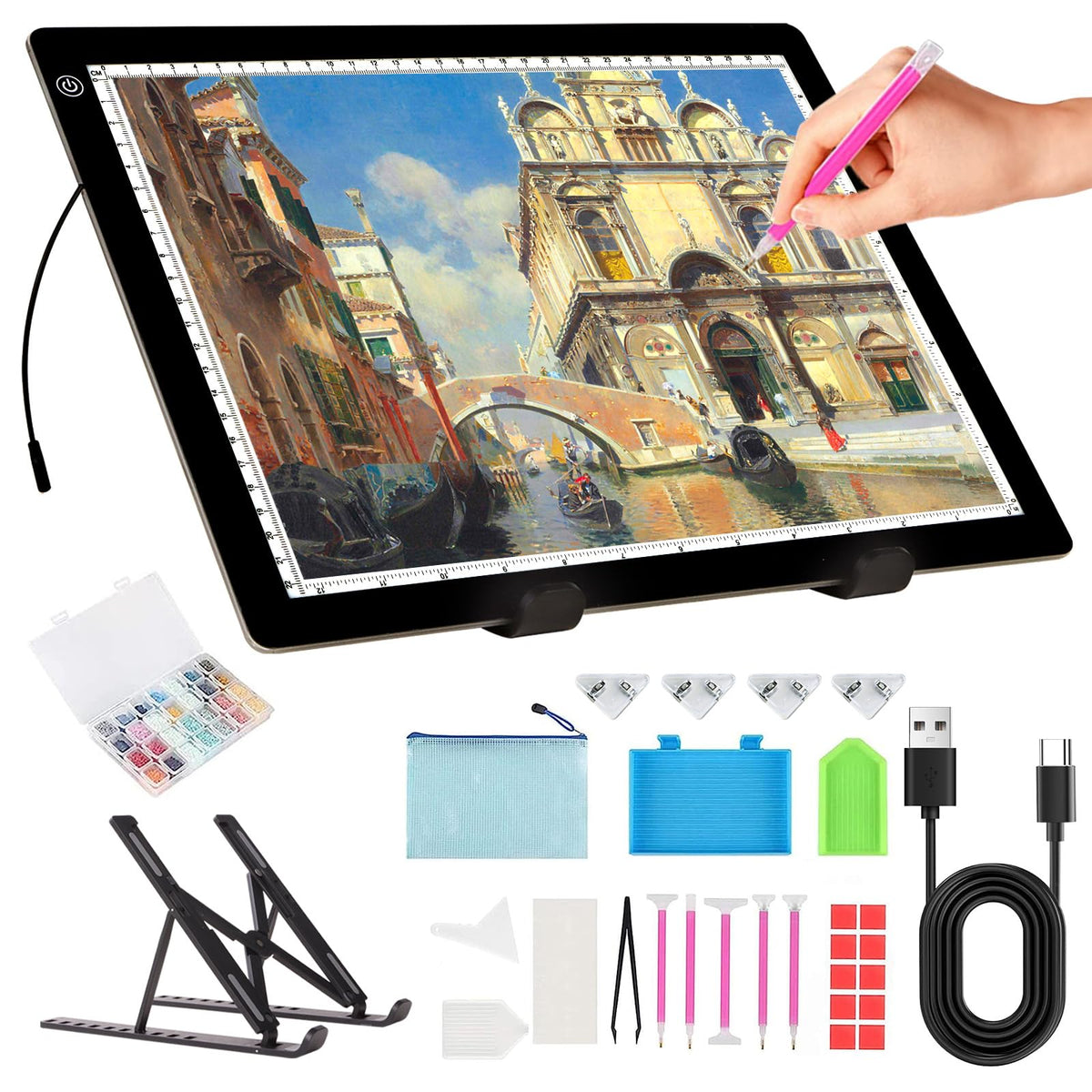 A4 Light Board for Diamond Painting - Tracing Light Box with Stand, Stepless Dimmable 3 Levels Brightness Light Pad, Ultra-Thin LED Light Pad for Weeding Vinyl, Drawing, Diamond Painting