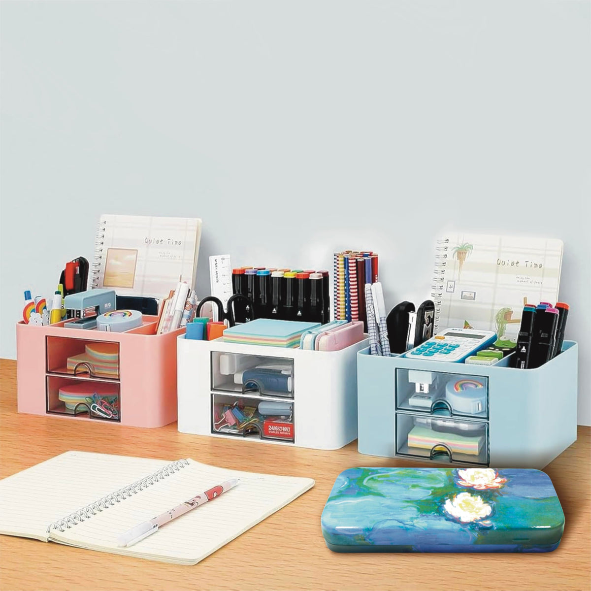 DAHO Mega Tin Pencil/Storage Box with World Famous Arts for Office, Home, Makeup, Accessories Storage (Les Nymphéas)