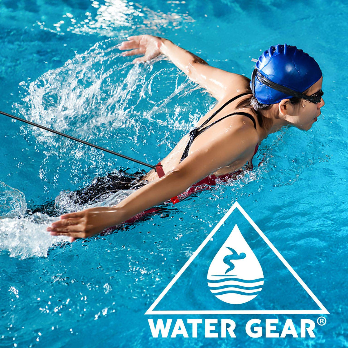 Water Gear Swim Training Leash Belt - Tether Stationary Swimming - Swimming Pool Resistance Exercise Trainer Equipment for Adult and Kids - 20 Meter Rubber Leash - Red Heavy Resist