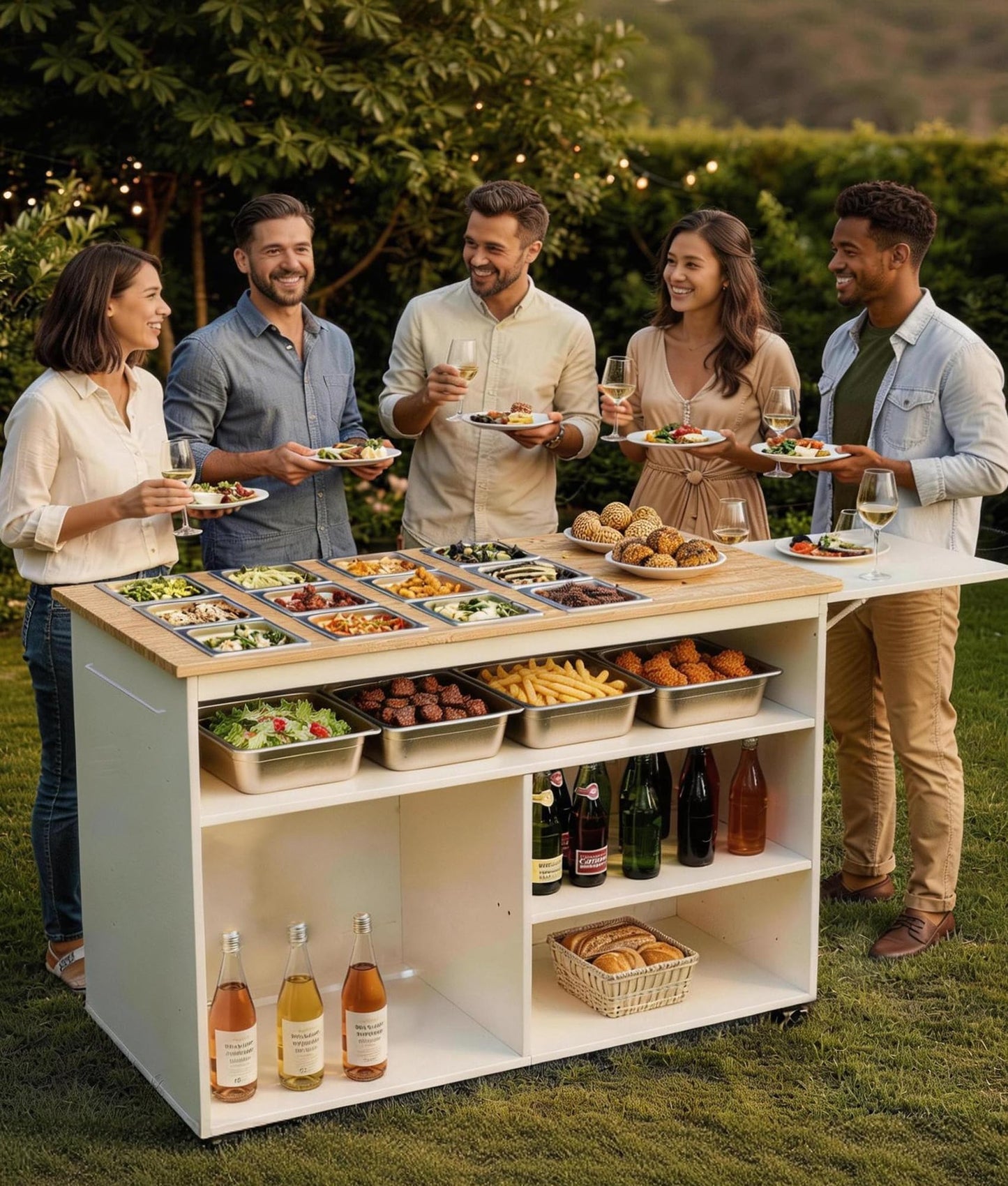 Jinrrenyi Charcuterie Cart with 12 Removable Stainless Steel Food Pans, Foldable Side Tables with Wheels, Mobile Pizza Topping & Salad Bar Station for Buffet, Home, Party, Catering
