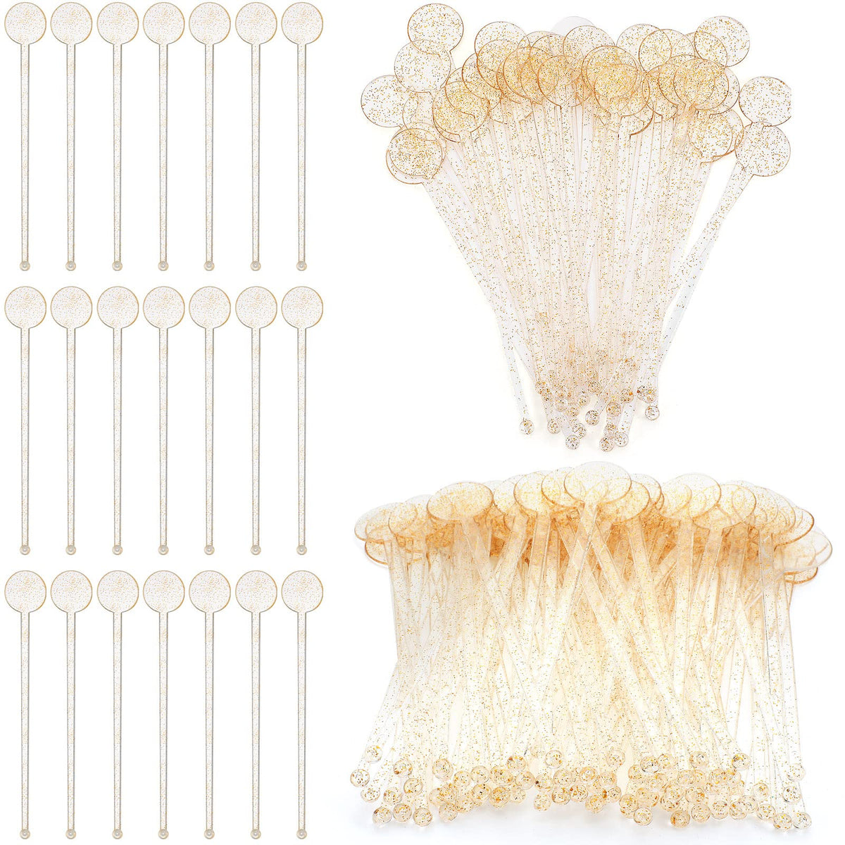 Marsui 240 Pieces 7 Inch Swizzle Sticks for Cocktail Coffee Drink Stirrers Cocktail Stirrers Disposable Stirring Sticks Plastic Disc Top for Mixing Coffee Whiskey Beverage (Glitter Gold)