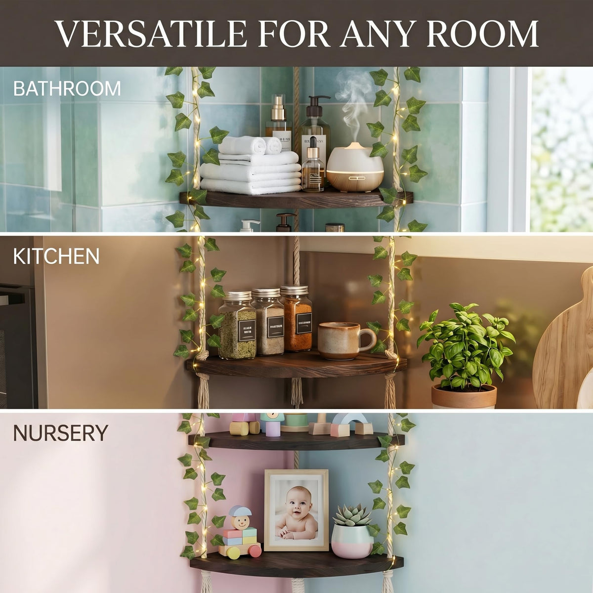 REFGY 3-Tier Corner Floating Shelves with Aesthetic Greenery & Fairy Lights - Premium Wood-Textured Boho Wall Hanging Shelf - Stable L-Bracket Support for Home Decor, Office & Small Spaces