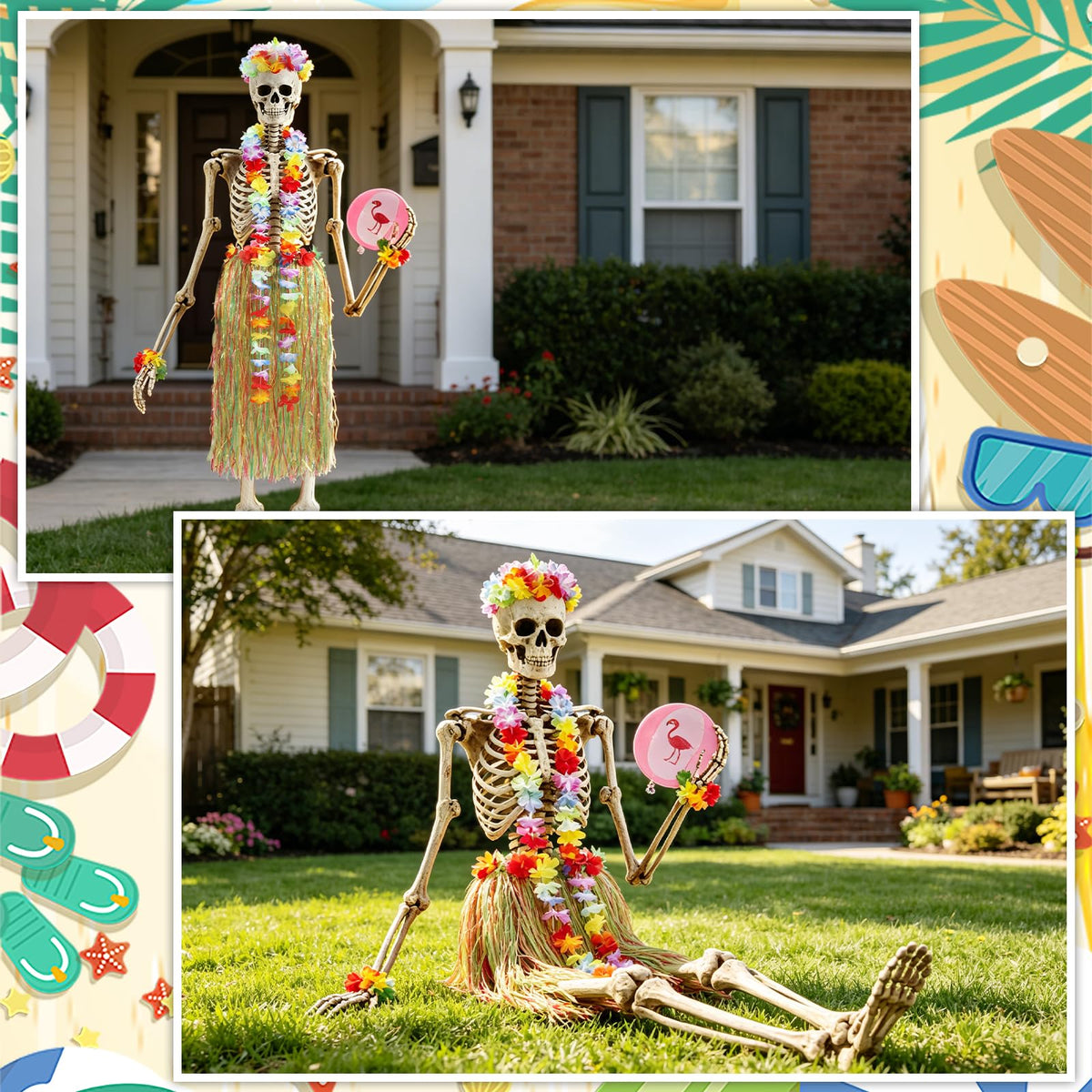 7Pcs Summer Hawaiian 12 ft Skeleton Costume Accessories Include Inflatable Flamingo Swimming Ring Hawaiian Hula Grass Skirt Beach Ball Wristbands Flower Garlands for Garden Lawn Luau Party Decor