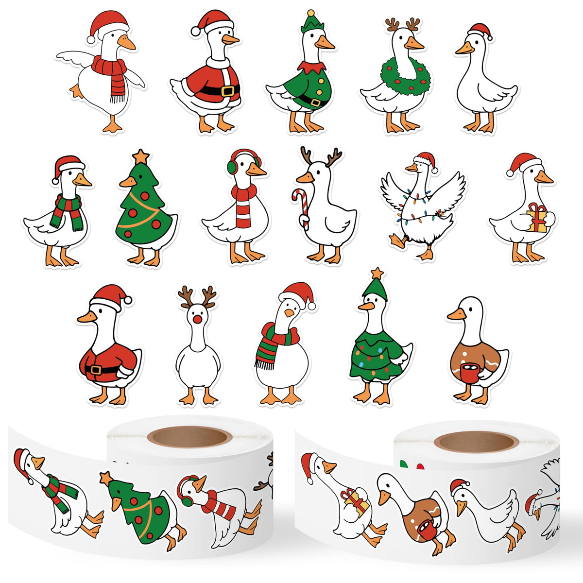 DSjuedui Christmas Goose Roll Stickers - 1000Pcs Silly Cartoon Xmas Tree Snowman Goose Vinyl Decals for Kids, Funny Animals Theme Stickers Gifts for Christmas Party Home Decor Laptops Guitars Luggage