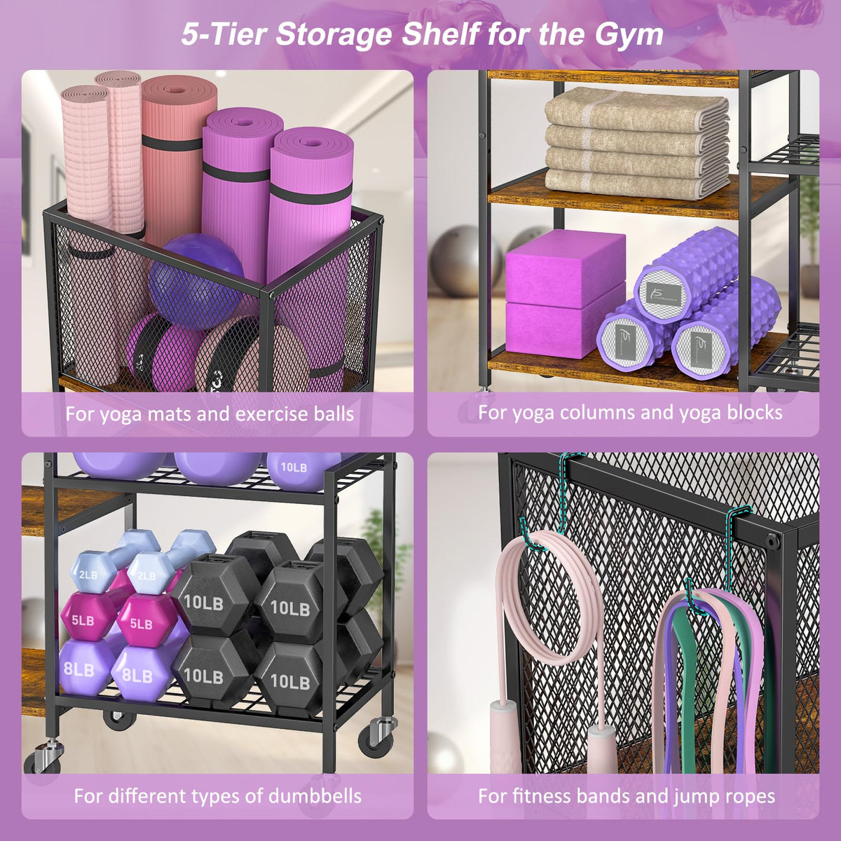 5 Tier Dumbbell Rack, Yoga Mat Storage Holder, Home Gym Storage Rack, Workout Equipment Storage Organizer, Weight Storage Holder Rack with Hooks and Wheels