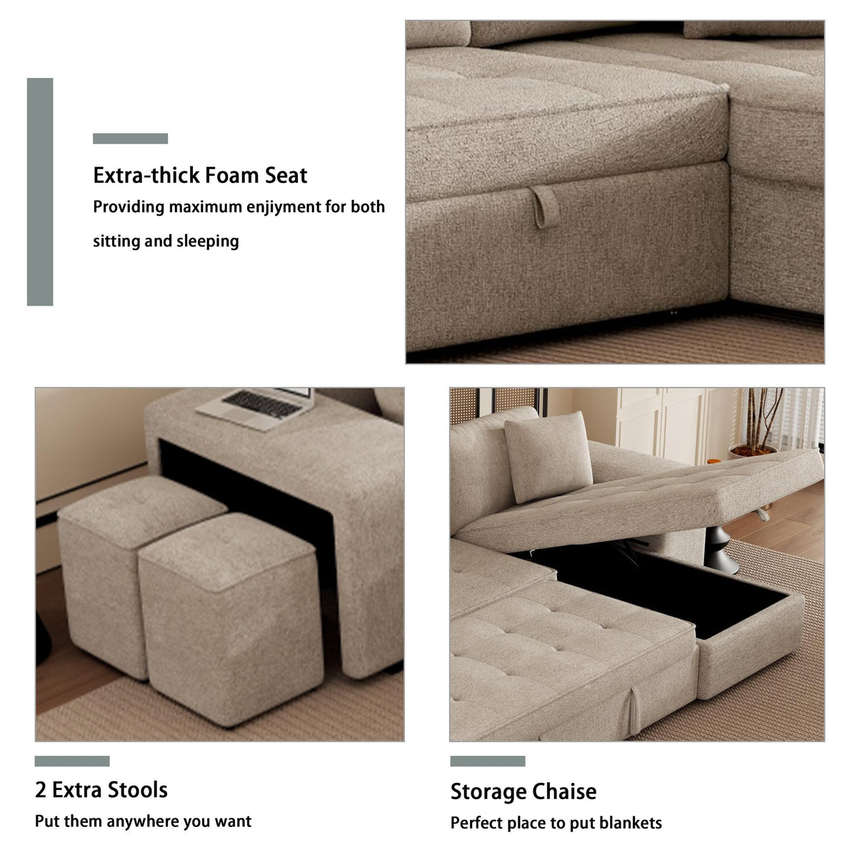 Merax 3 Seat Reversible Sectional Couch, Modern L-Shape Pull Out Sleeper Sofa with Storage Chaise and 2 Stools for Living Room Furniture Set, Cream