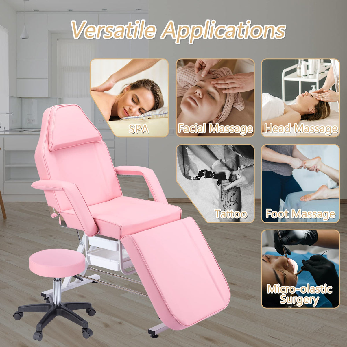 Massage Salon Tattoo Chair with Two Trays Esthetician Bed with Hydraulic Stool,Multi Purpose 3 Section Facial Bed Table, Adjustable Beauty Barber Spa Beauty Equipment, Pink