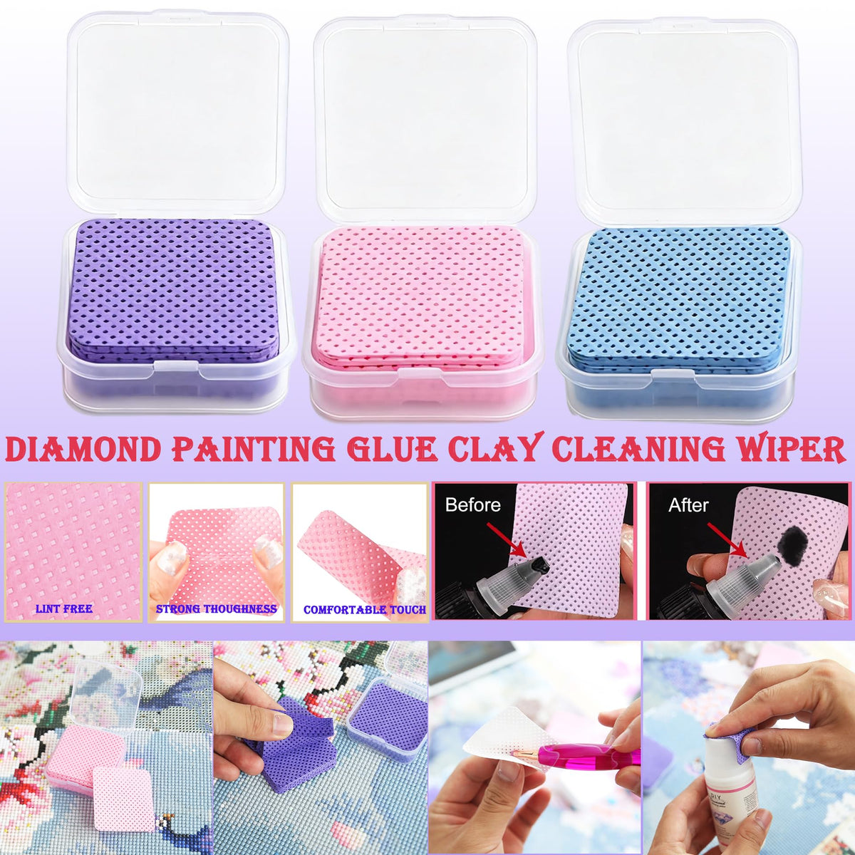 jecxucci Diamond Painting Art Drill Bead Dot Pen Kit with 6pcs Stainless Steel Tips, 6 Glue Clays, Diamond Art Roller and 50Pcs Cleaner Paper, 5D Diamond Painting Trays Sticky Pad (Purple + Rose Red)