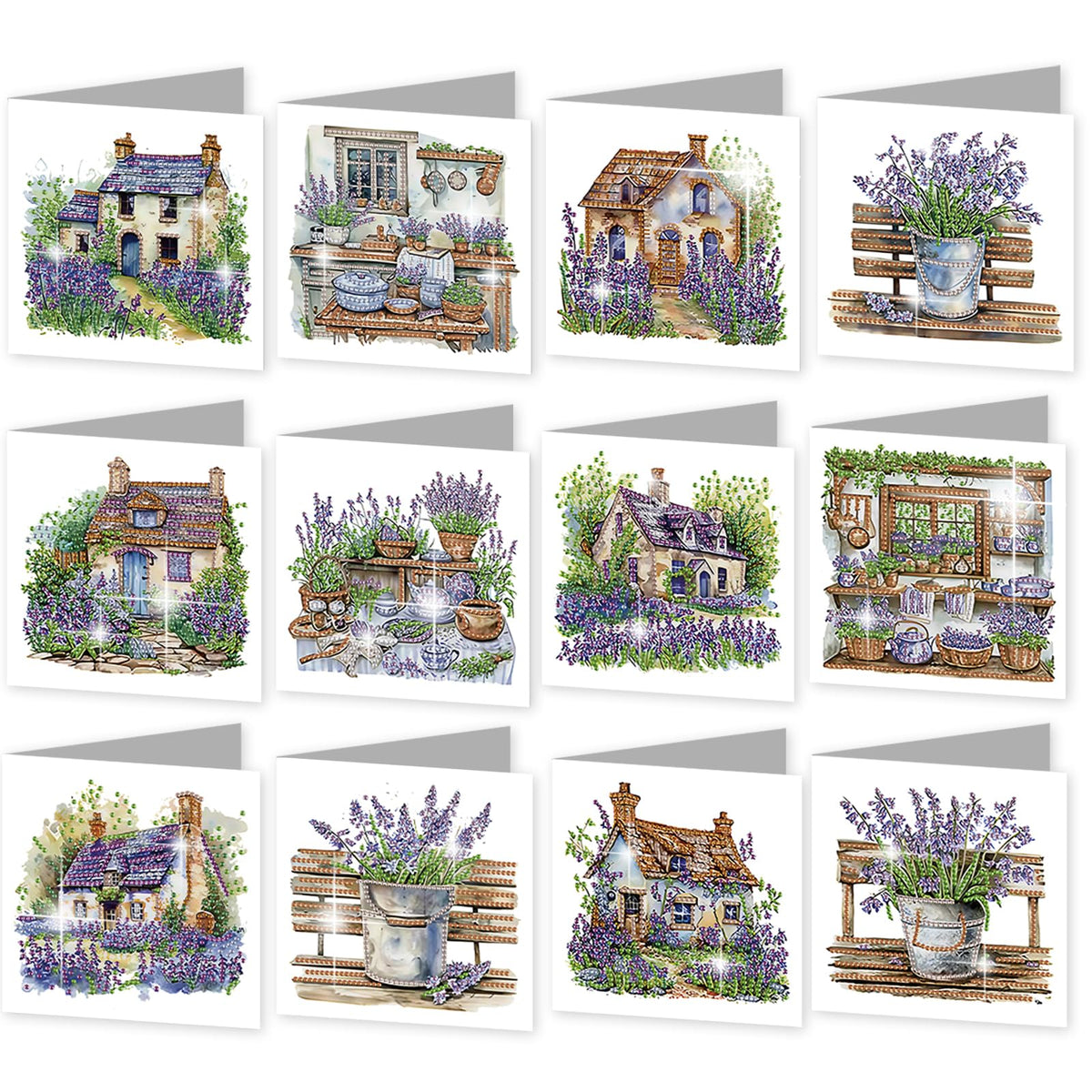 C'eitura 12Pcs Lavender Diamond Art Painting Greeting Card Kit with Envelopes, DIY Floral Christmas Birthday Thanksgiving Card Making Set, Calming Handmade Card Craft