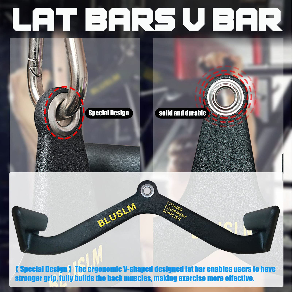 BLUSLM LAT Pull Down Bar for Cable Machine, LAT Pulldown Attachments T-bar V-bar Cable Attachment for Gym, Back Tricep Strength Training Handle