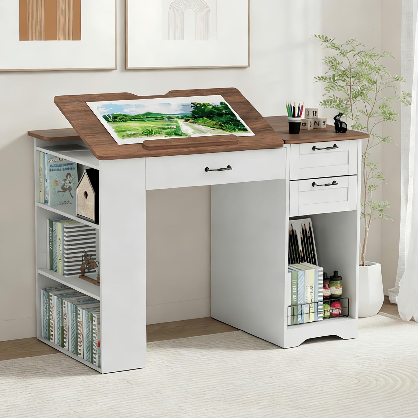 Lurinthal Drafting Table with Storage Cabinet & Drawers, Adjustable Drawing Desk with Open Shelves, Craft Table Painting Desk for Artists, Painters, Drawing, Crafting, Reading, Writing, Working