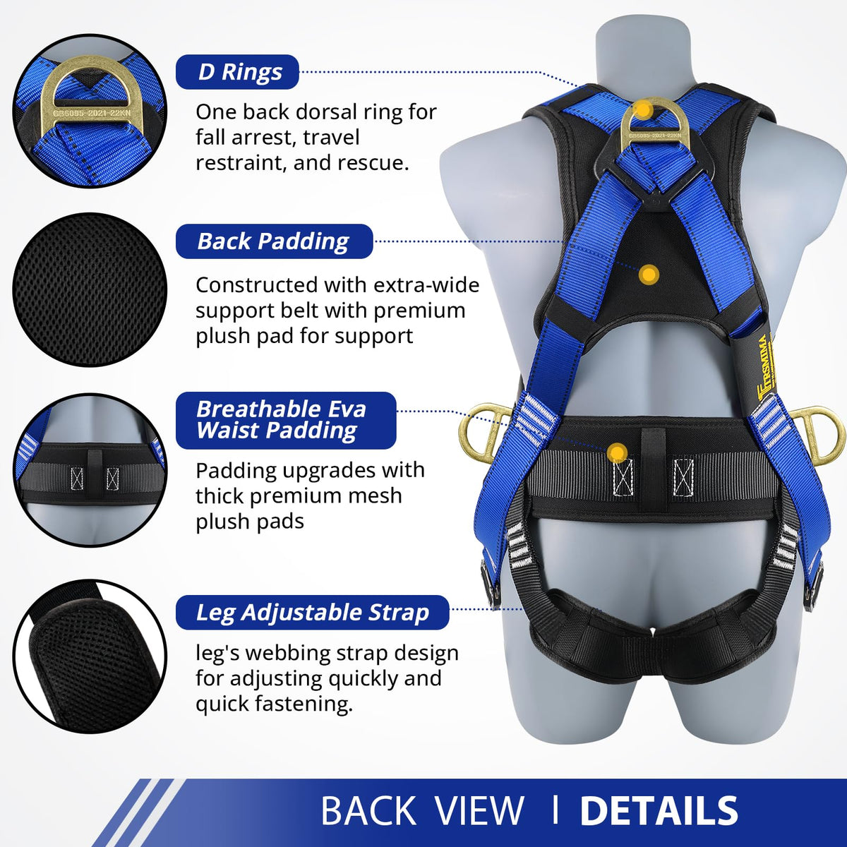 TRSMIMA Safety Harness Fall Protection - Roofing Harness Kit Men Full Body Construction Harness with Lanyard for Work Upgrade 4 Quick Buckles