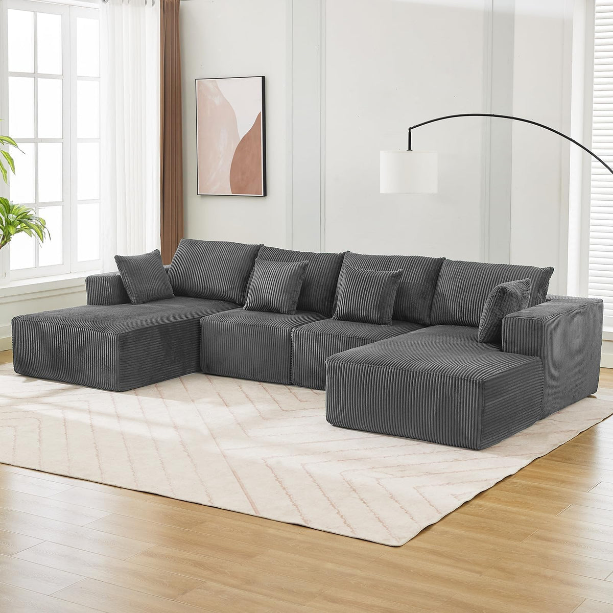 137" Oversized Cloud Boneless Sofa Couch with Chaise, Modern Corduroy u Shaped Modular Sectional Sofa with Deep Seat, No Assembly Required, Convertible Compression Sleeper Sofa for Living Room