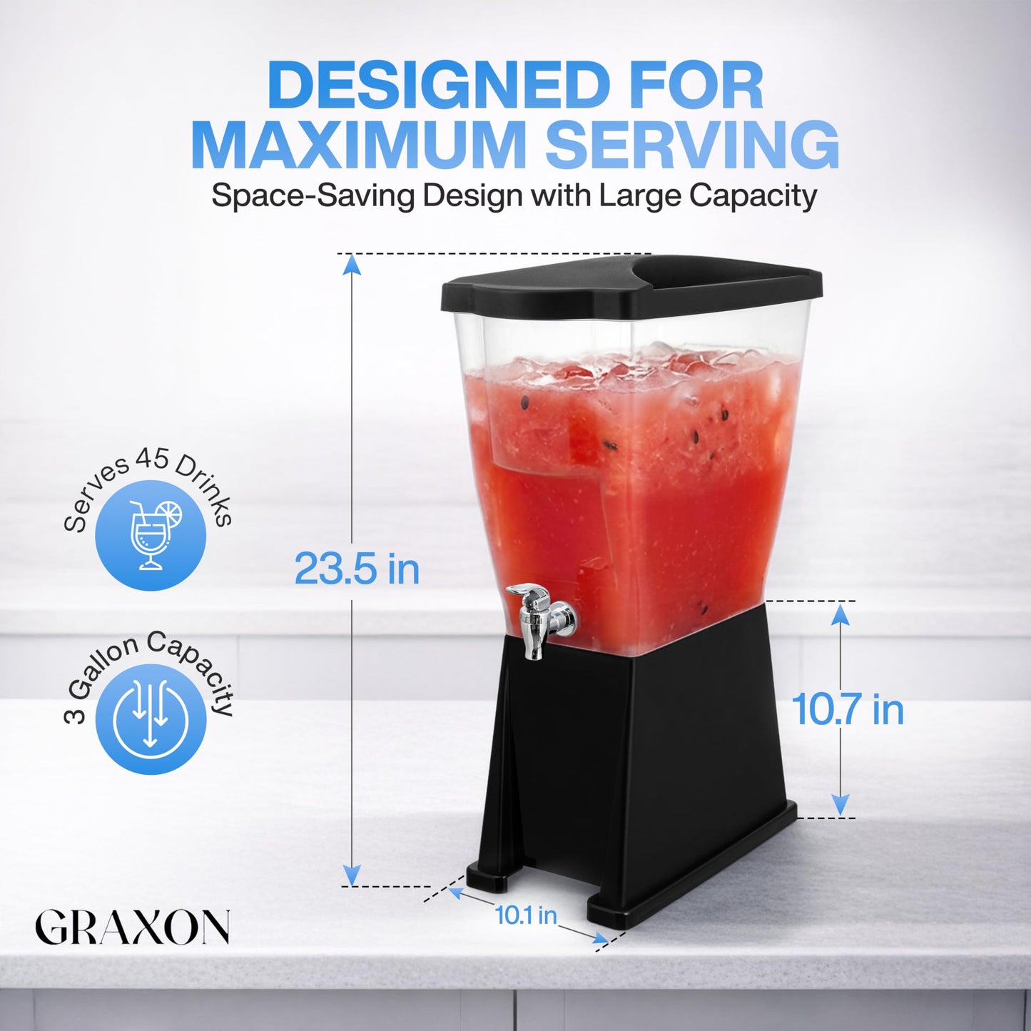 Large Drink Dispenser for Parties (3 Gallon) Slim Plastic Beverage Dispenser with Base for Counter Tops, No Mess, Easy to Assemble & Wash (1 Pack)