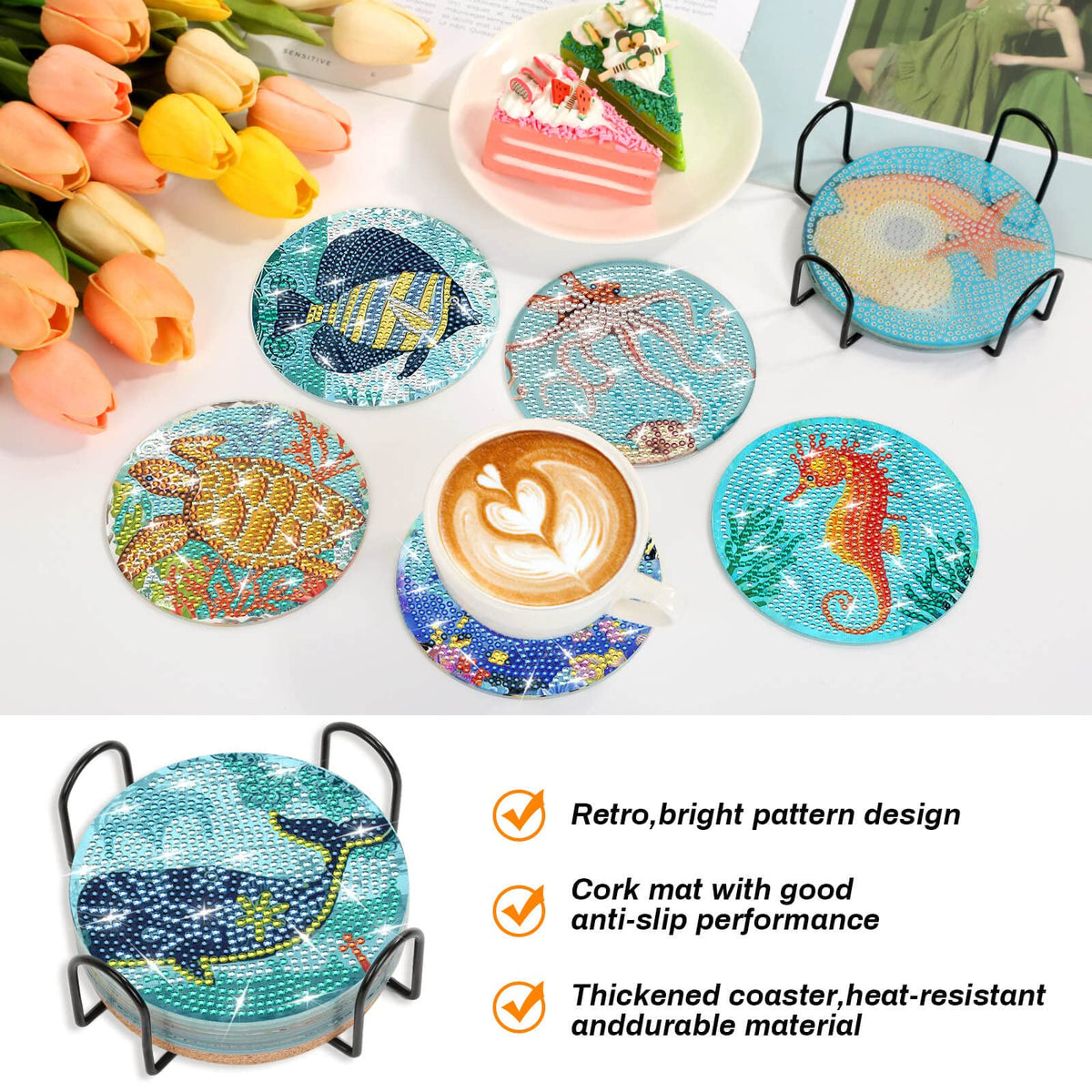 Billbotk 8 Pieces Diamond Painting Coasters Kit with Holder, Diamond Art Coasters, DIY Diamond Art Crafts Projects, Diamond Dot Kits for Adults and Beginners(Ocean Style)