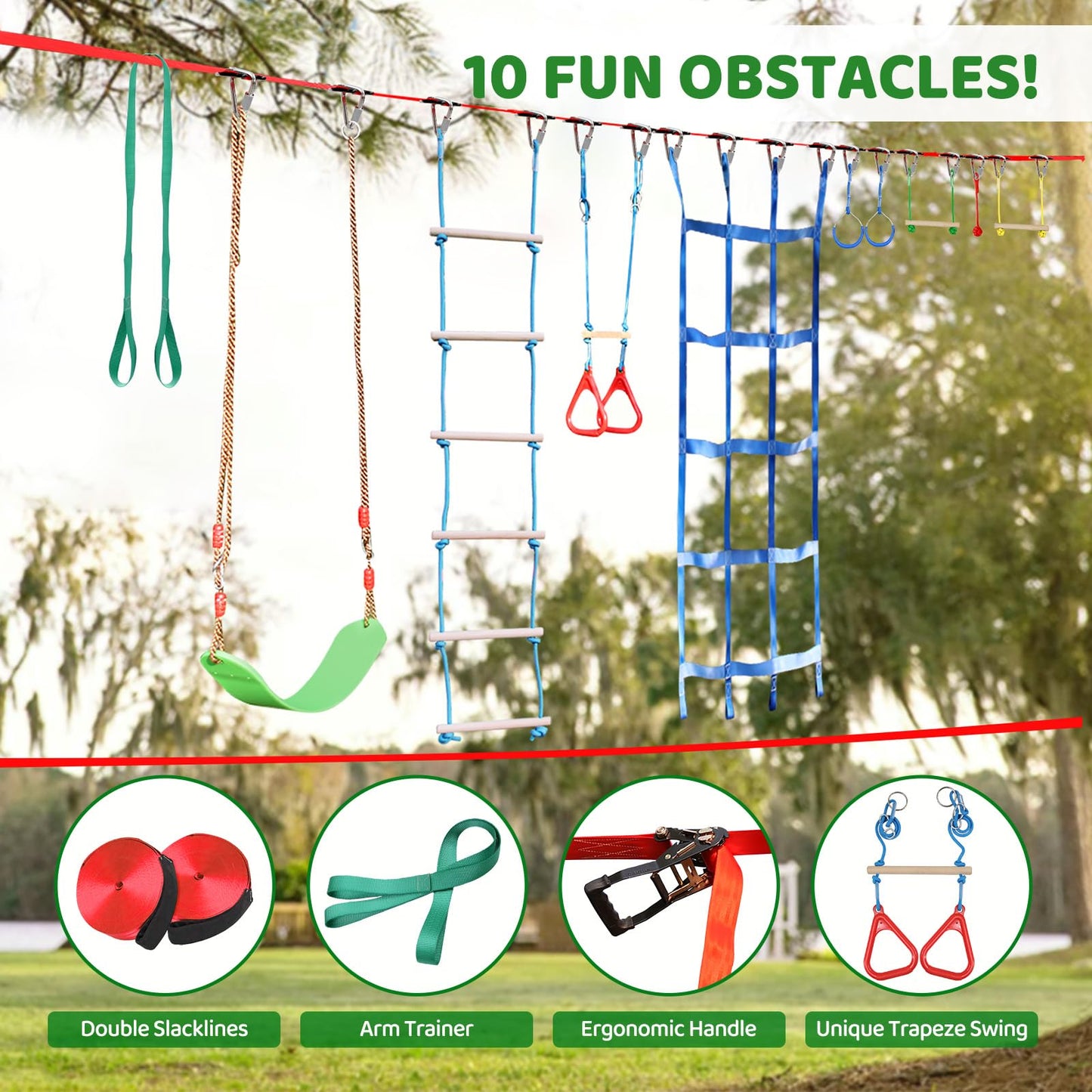 Dripex 65FT Ninja Warrior Obstacle Course for Kids - Double Longest Slacklines with 10 Most Complete Accessories for Kids, Swing, Trapeze Swing, Rope Ladder, Obstacle Net Plus 1.2M Arm Trainer