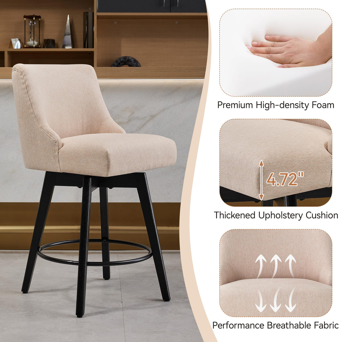 Vipbear Counter Height Bar Stools Set of 3, 26" H Swivel Bar Stools with Backs, Linen Fabric Upholstered Bar Chairs with Solid Wood Legs for Kitchen Island, Dining Room, Home Bar, Beige
