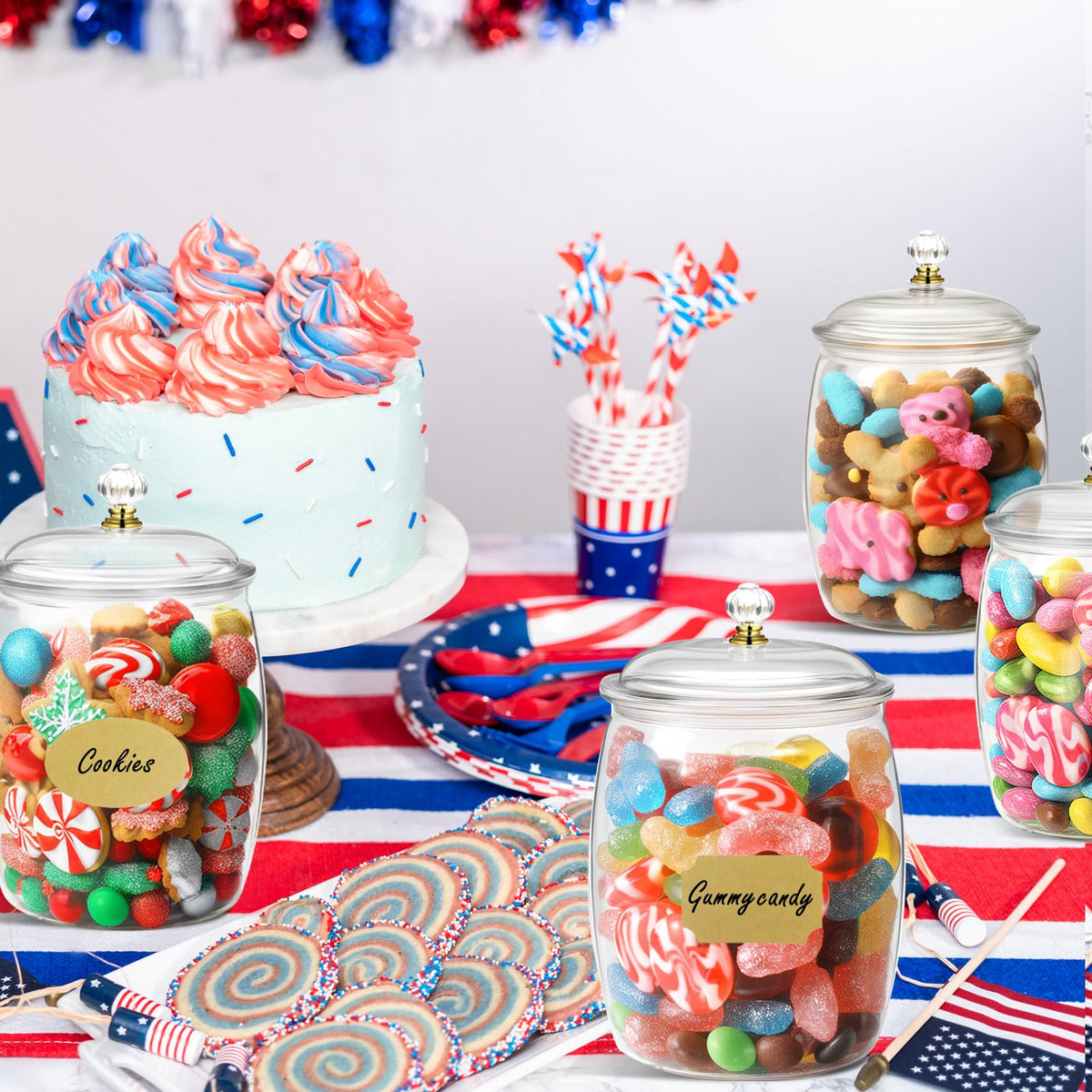 FALUCKYY 6 PCS Plastic Candy Jars with Lids, 2.2L 74oz Airtight Food Storage Canisters, Apothecary Cookie Jars for Kitchen Pantry, Includes 6 Scoops, Pen & Labels
