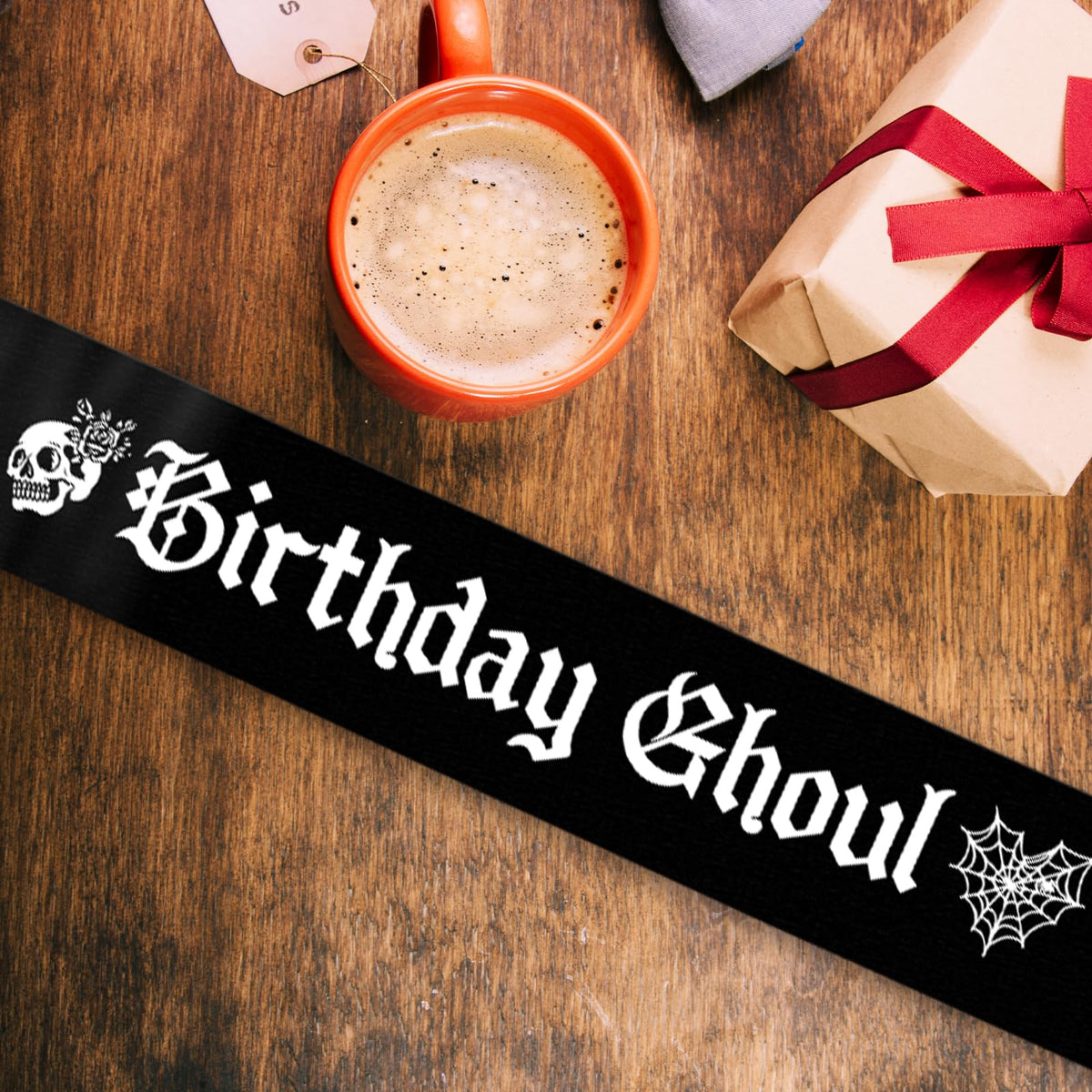Black Birthday Ghoul Sash with White Glitter Printing Letters - Halloween Birthday Decorations，Glitter Cloth Goth Sash, Halloween Bhday Decorations