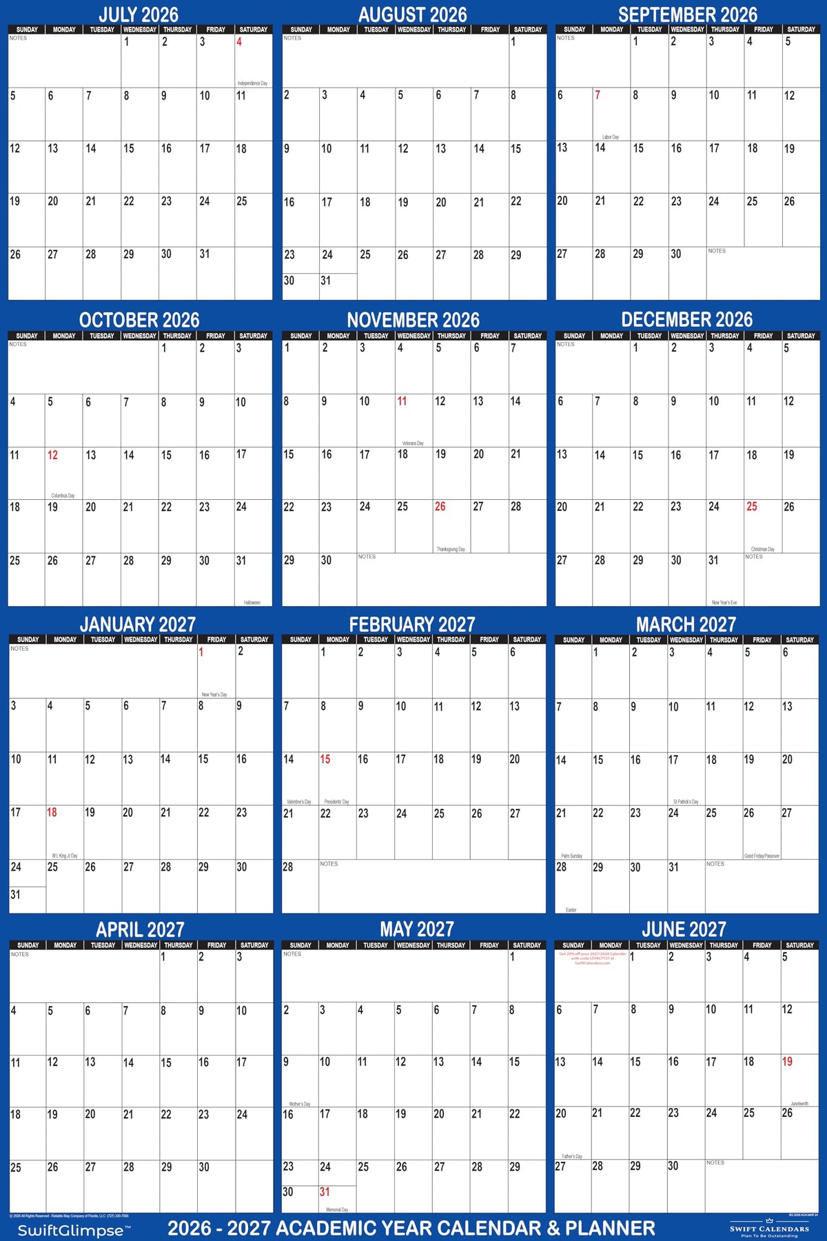 18x24 SwiftGlimpse 2026-2027 Academic Wall Calendar Dry Erase Erasable, Large, Wet & Dry Erase Laminated, Reversible, Yearly Planner JULY 2026 to JUNE 2027 ONLY