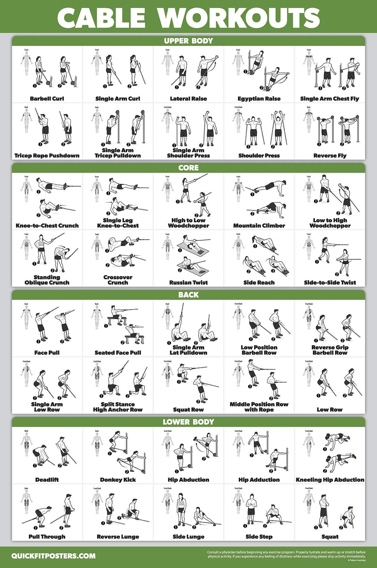 QUICKFIT Workout Poster Cable Machine, an Exercise Chart for Cable Training Station, Laminated, Gym, 18" x 24"