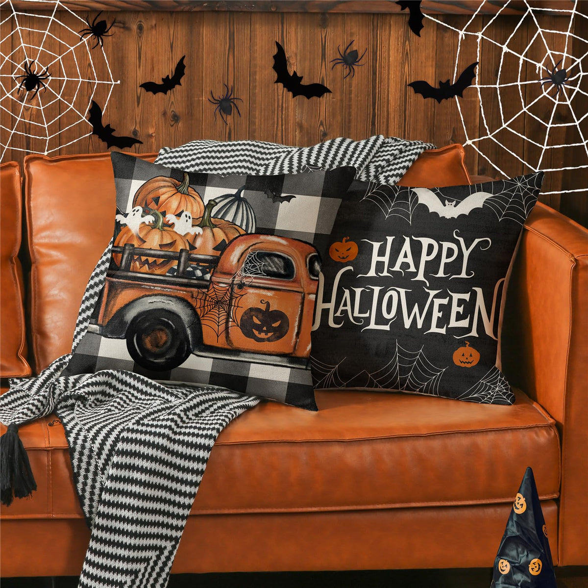 MODOVOS Halloween Pillow Covers 18x18 Set of 4 Buffalo Plaid Spooky Ghost Pumpkin Truck Halloween Decorations Trick or Treat Throw Pillow Covers Spider Web Bat Cushion Case for Sofa Couch
