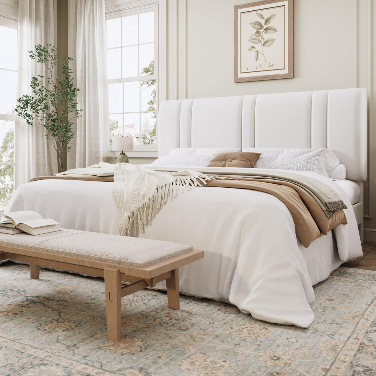 SHA CERLIN King Size Platform Bed Frame, Velvet Upholstered Bed with Adjustable Headboard, Vertical Channel Tufted Design, Sturdy Wood Slat Support, No Box Spring Needed, Easy Assembly, White