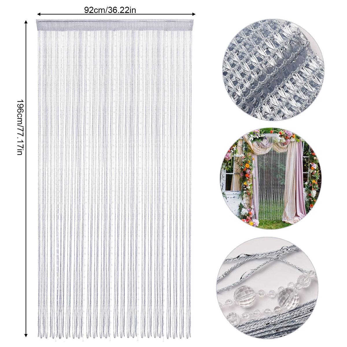 HANTURE Silver Beaded String Curtains for Doorways 36 x 77 Inch Crystal Tassel Beaded Curtain for Door Hanging String Beads Curtains Fringe Screen Panel for Wedding Office Home Decor