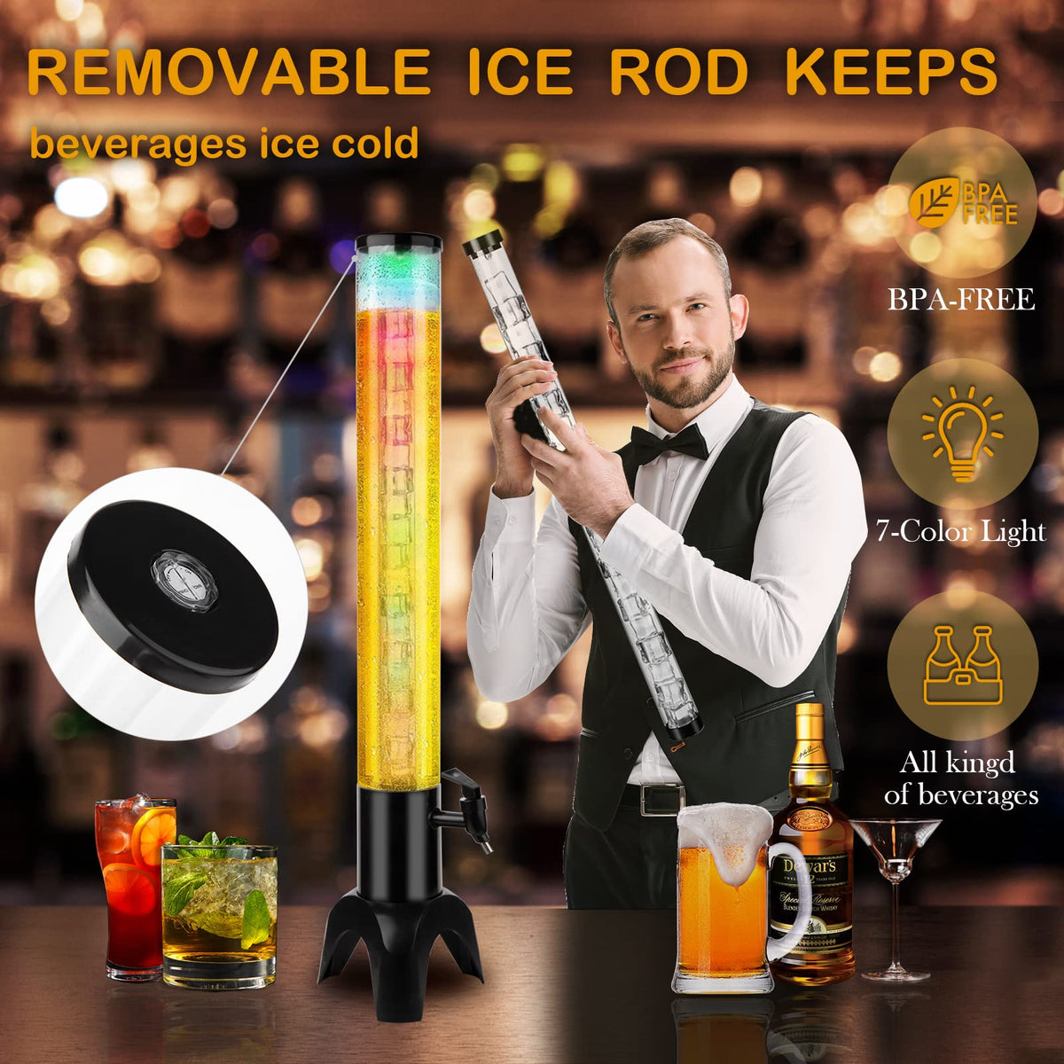 Beer Giraffe Dispenser, 100oz/3.2 qt Mimosa Tower Dispensers with Ice Tube and LED Light, 3L Tabletop Drink Tower Dispenser for Beer, Margarita, Liquor, Beverage
